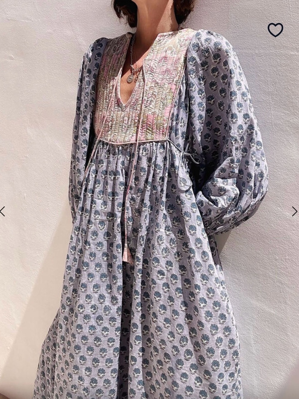 Boho Midi Dress with Embroidered Yoke in Soft Gray and Pink